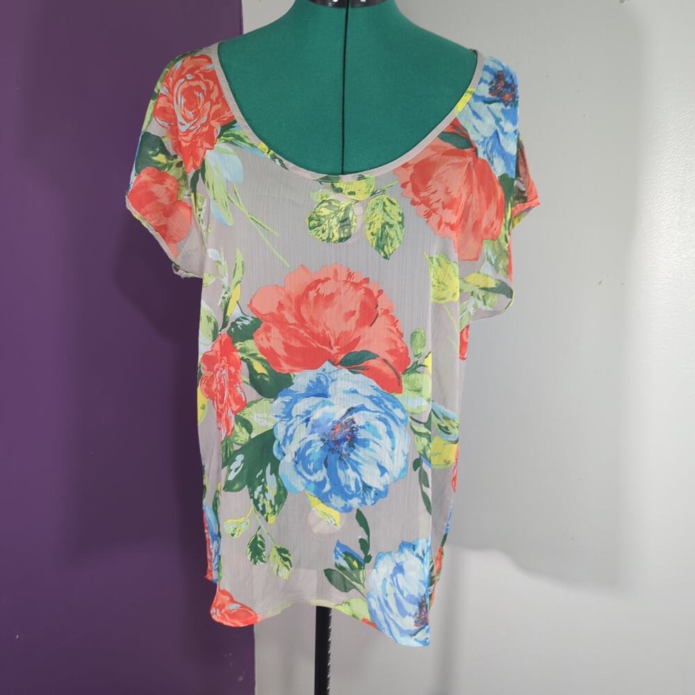 Route 66 Vintage 90s Cottagecore Floral Sheer Short Sleeve Top Large Beachwear